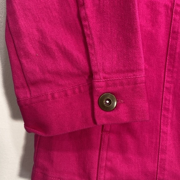 Denim Jacket Open front faux buttons pockets Collarless Fuchsa Women's XS - Picture 6 of 11